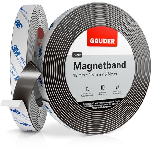 GAUDER Nastro Magnetico Autoadesivo con Adesivo 3M – Striscia Magnetica Potente e Tagliabile – Elevata Forza Magnetica con Supporto Adesivo 3M (6 m x 15 mm)