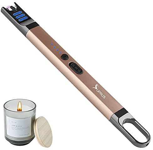SUPRUS Electric Arc Lighter Windproof Flameless USB Rechargeable Lighter with LED Light for Candle Camping BBQ Cooking (Champagne Gold)