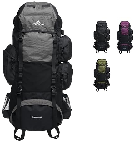 Teton 65L Explorer Internal Frame Backpack for Hiking, Camping, Backpacking, Rain Cover Included, Graphite