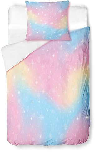 Rosa Sternenlicht Bettwäsche 135 x 200 Mädchen Regenbogen Bettbezug und Kissenbezug 80 x 80 mit Reißverschlus Super Weich ​2 Teilig Microfaser Kinder Bettwäsche-Set Pflegeleicht und Atmungsaktive