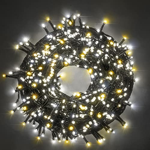 Luccika stringa natalizia con luci a led su cavo verde per uso interno ed esterno controller 31V con 8 giochi di luce e memoria (Bianco Ghiaccio + Bianco Caldo, 9 Metri con 180 Led)