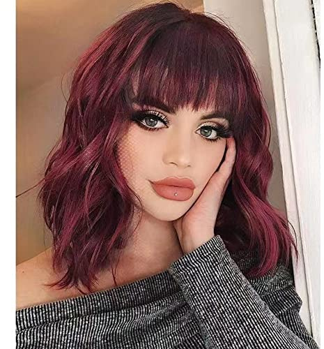 NOBLE Synthetic Ombre Burgundy Wig Short Wavy Wigs With Air Bangs Shoulder Length Wig For Women Curly Wavy Heat Resistant Synthetic Colorful BOB Wigs
