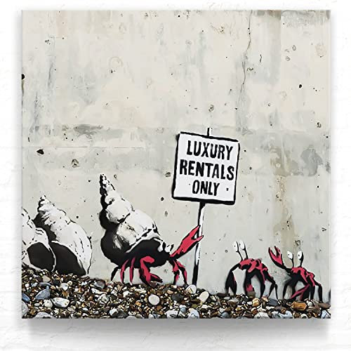 Banksy Leinwand Bild - Krabben Wohnung als Wandbild, 80x80cm Groß, Graffiti Kunst im Banksy-Style als Kunstdruck zur Wand-Deko für Wohnzimmer, Büro
