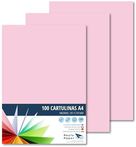Raylu Paper – Papier Cartonné A4 Coloré, 100 Feuilles Cartonnées, Papier Epais de Couleur, pour l’Ecole, le Bureau, le Scrapbooking, les Activités Manuelles, 180g/m², 210 x 297 mm (Rose)