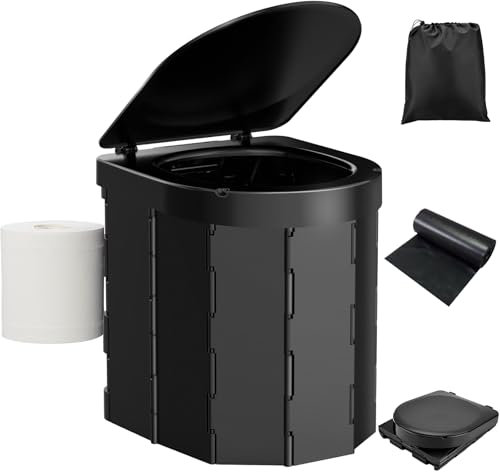 Toilettes portables de camping, toilettes pliantes pour adultes avec couvercle et porte-papier hygiénique rétractable, toilettes portables étanches avec sac de transport et sacs jetables pour le