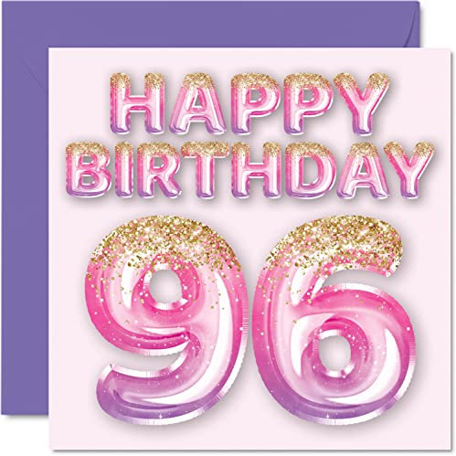 Geburtstagskarte zum 96. Geburtstag Frauen – rosa und lila Glitzerballons – Happy Karten 96 Jahre alte Frau Mama Great Nanny Grandma Gran 145 mm Ninety-Six Ninety-Sixth Bday Grußkarten Geschenk