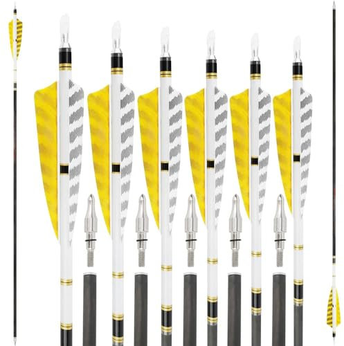 SHARROW 6/12P 100% Reines Carbon Pfeile 32 Zoll Pfeile für Bogenschießen Spine 250-600 Zielbogenschießen Jagdpfeile mit 4 Zoll Natürlich Federn Pfeile für Recurvebogen Compoundbogen (Sp 600, 12Pcs)