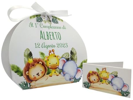 PV Grafik® 24+24 Scatoline Portaconfetti Compleanno Bimbo – Bomboniere Personalizzate con Animali Giungla, Bigliettini e Nastro Bianco – Scatole Festa 1° Anno Jungle Safari (Tunna26)