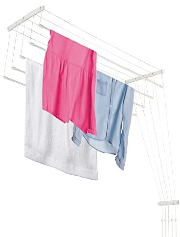 KADAX Etendoir a Linge au Plafond avec Tiges en Acier, Pratique Systeme de Sechage Suspended pour Maximiser l'espace Interieur (Blanc, 5 x 110 cm)