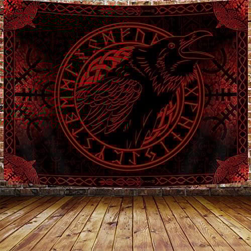 Wikinger-Tapisserie, nordische Wikinger-Rabenkrähe, Meditations-Runen, Wanddekoration, antike Kunst, roter Wandteppich, Wandbehang, Wikinger, griechische Mythologie, ästhetischer Gothic-Wandteppich