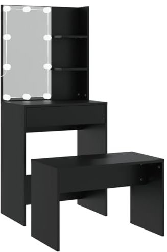vidaXL Schminktisch Set, Frisiertisch mit LED Beleuchtung, Kosmetiktisch mit viel Stauraum, Schlafzimmer Tisch Make up Tisch, Modern, Schwarz Holzwerkstoff