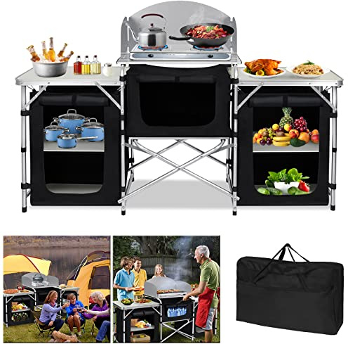 YZNAHRE Campingküche Campingschrank mit Aluminiumgestell, Outdoor Camping Küche Reiseküche Zeltschrank Küchenbox Ink. Tragetasche