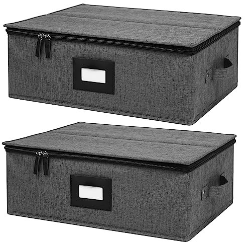 Cup and Mug Storage Box 2Pack, China Storage Containers for 12 Tea Cups or Coffee Mugs with Zipper Lid and Rivet Reinforced Handles, Hard Shell and Stackable (Black)