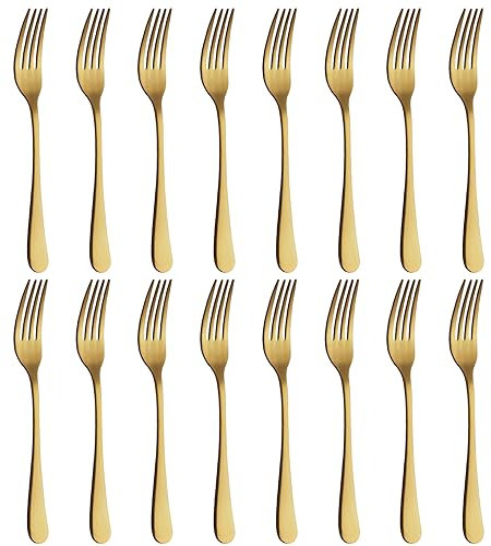 BEWOS Juego de Tenedores de 16 Piezas(8.07 Pulgadas), Juego de Tenedores Oro de Acero Inoxidable, Tenedores, Pulidos con Espejo, Tenedores de Plata para Cualquier Comedor, Aptos para Lavavajillas