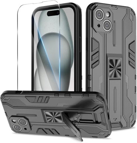 Btstring Case for iPhone 15 Plus and Screen Protector Tempered Glass, Shockproof Phone Case with Stand, Heavy Duty Personalised Case Cover Support Magnetic Car Holder, Black