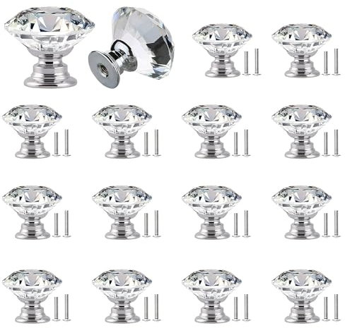 YEYIT 16 Pack Crystal Cabinet Knobs 30mm Glass Diamond Door Handles,Cupboard Drawer Pull Handle with 2 Sizes Screws,Crystal Door Knobs for Furniture Cabinet Drawer Dressing Table Decoration