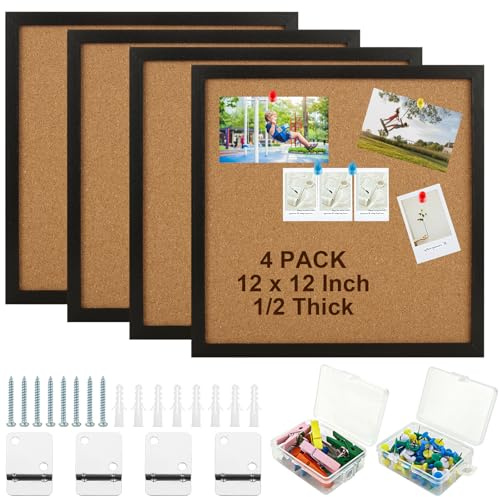 4 Stück 30,5 x 30,5 cm schwarze gerahmte Korktafel für Wand, kleine Pinnwand für Wände, quadratische Korktafel für Büro, Zuhause und Schule