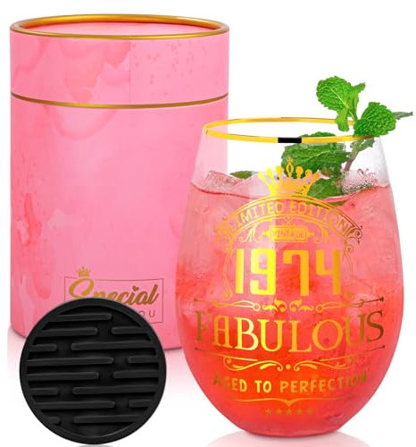 Cadeau d'anniversaire amusant pour femme - Verre à gin personnalisé - Fabuleux 1974 - 532 ml - Avec impression dorée - Dessous de verre en silicone - Coffret cadeau pour maman, tante, sœur, amie