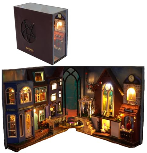 TOPBSFARNY 3D Holz Buchständer Puzzle DIY Puppenhaus mit LED-Licht für Teenager und Erwachsene zum Bauen Kreativität Geschenk für Geburtstage Halloween