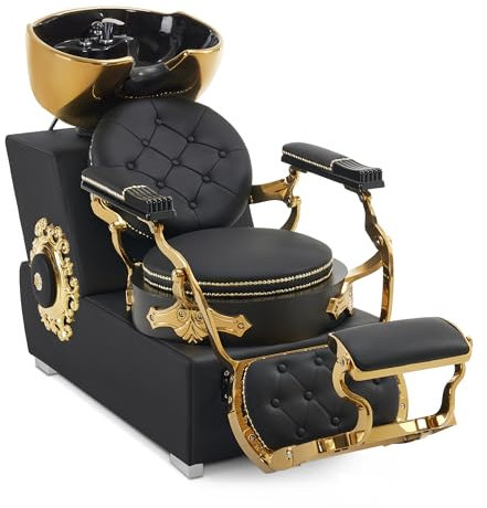Barberpub Friseurstuhl mit Waschbecken, Friseurwaschbecken aus Keramik Verstellbar, Rückwärtswaschsessel Friseurwaschsessel für SPA Salon, Friseur Waschplatz Retro 8024 (Gold-Schwarz/PVC)