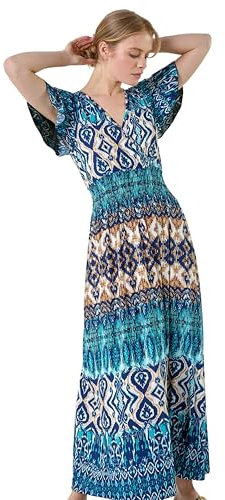 Roman Originals Shirred Waist Dress for Women UK Ladies Midi Maxi Summer Spring Tiered Frill Hem Empire Waist Short Sleeve V Neck Gathered Skirt Bohemian Holiday - Teal Multi - Size 10