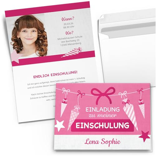 10 Einladungskarten Einschulung mit Foto und Text personalisiert Schulanfang mit Umschlägen Motiv Rosa Schultüten Mädchen Einladung