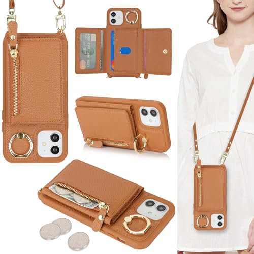 ELTEKER Handyhülle für iPhone 12 Mini Hülle mit Band Kartenfach Ringhalterung Geldbörse,Leder Klapphülle Umhängetasche Handytasche für iPhone 12 Mini - braun