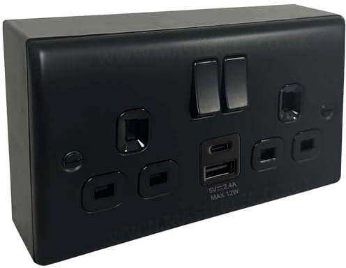Matt Black 12W USB A&C Double Socket with 32mm Black Surface Pattress Back Box