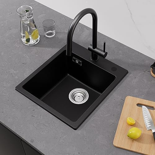 CECIPA Fregadero de Cocina de Granito Negro, 40 x 45 cm, Rectangular, Moderno Juego Con 2 Agujeros para Grifo
