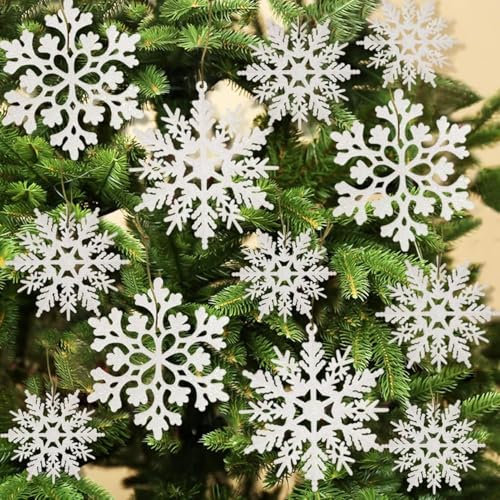 ERBO 24 Stück Schneeflocken Weihnachten Deko, Weihnachtsbaumschmuck Weihnachtsdeko Weiß, Baumschmuck Weihnachten, Glitter Schneeflocken Anhänger für Weihnachtsdeko Fensterdeko Weihnachtsbaum Deko