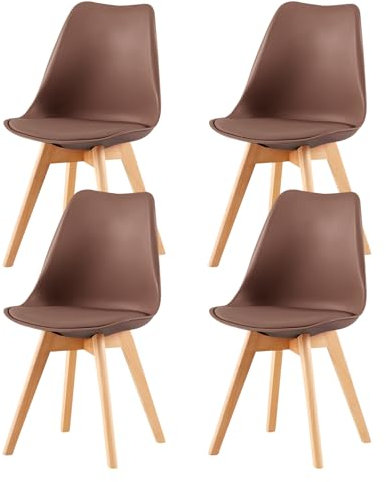 H.J WeDoo 4 Stück Esszimmerstuhl im Nordischen Stil mit Beinen aus Buchenholz,KüChenstuhl im Modernen Stil,Gepolstertes Sitzkissen aus PU-Material,Sschokoladenbraun