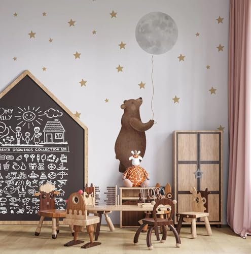 Wandtattoo Kinderzimmer mit Bär Mond und Sternen, umweltfreundliche Materialien, Pastellfarben, Wandaufkleber für Wände Türen und Möbel, niedliche Dekoration für Jungen und Mädchen