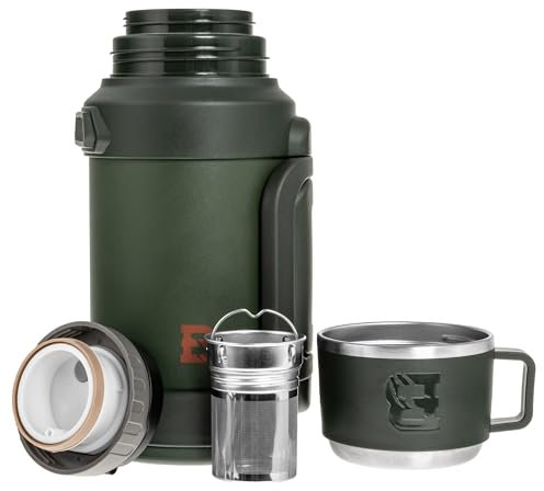 Badger Outdoor Big Boy Thermoskanne 1,3L | Edelstahl Isolierflasche mit Tee-Sieb | Vakuum-Isoliert mit One Touch System | 24h Wärmespeicherung | Tragegurt | Olive Grün