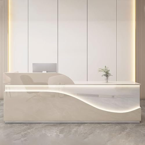 GUQASDV Reception Table, Empfangstheke Rezeption, Reception Desk Salon, Empfangstresen Holzwerkstoff mit Lichtstreifen für Lobby, Schönheitssalons(Beige+White,1.4m)
