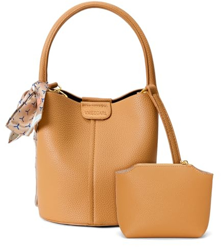 VMEECARL Beuteltasche Damen Veganem Leder Bucket Handtasche Handtasche Damen klein mit Henkel und 2 Abnehmbaren Schultergurten (BROWN)