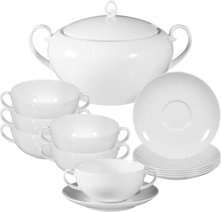 Seltmann Weiden Rondo/Liane Suppen-Set 13-teilig, Terrine mit Deckel (3,25 l) und Suppentassen mit Untertassen (360 ml) für 6 Personen, Spülmaschinen- und Mikrowellenfest, Porzellan, Weiß
