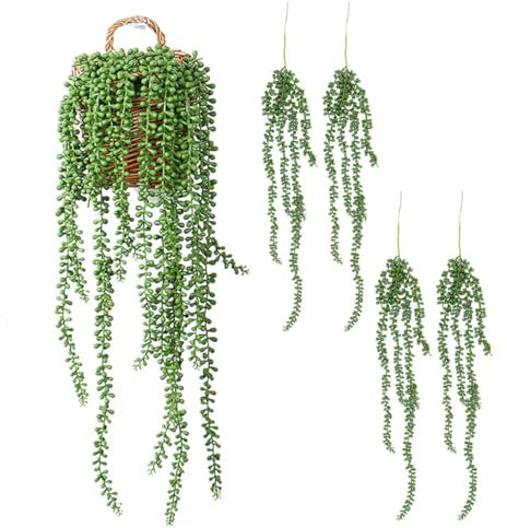 FARROWR 4pcs Fake Hanging Plants, String of Pearls Artificial Hanging Succulents Greenery Wall Decor - Faux Outdoor Plants for Planters
