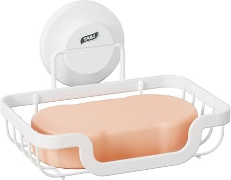 TAILI Dusche Seifenschale mit Ablauf mit Haken, MAX Halten 5 KG, Edelstahl Seifenschalen ohne Bohren, Seifenhalter Wandmontage für Badezimmer, Seifenhalter mit Saugnapf, Küche Schwammhalter, Weiß