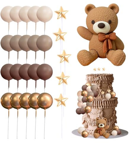 YZROHYI 26 Stück Teddybär Tortendeko Dunkelbraun,Babyparty Tortendeko 1. Geburtstag Mädchen,Bär Deko Kuchen,Baby Shower Cake Topper Teddy Bear,Happy Birthday Tortendekos Taufe für Hochzeit Party
