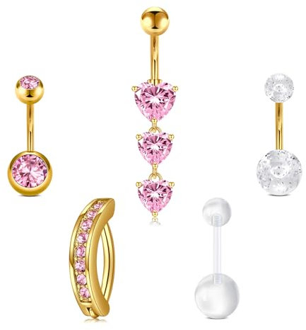 Briana Williams 5stk 14G Bauchnabelpiercing 10mm Gold Edelstahl Bauchnabel Ring Herz Rosa CZ Piercing Schmuck für Frauen und Männer