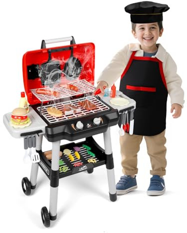 Jouet de Cuisine pour Enfants Barbecue Grill Set de Jeux Cuisine Jouets interactifs avec fumée Son Lumière Simulation Chef Tablon Chapeau Petit Chef Faire Semblant de Jouer Accessoires Cadeau