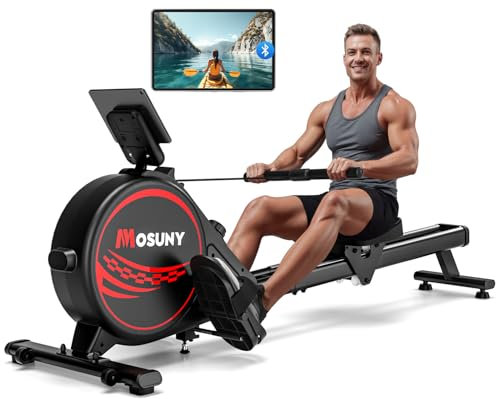 Rudergerät für Zuhause, 16 Stufen Widerstand, MOSUNY Leises Magnetisches Rudergerät, Upgrade Doppel-Slide-Rails, App-Kompatibel LCD-Datenanzeige, Belastbar bis160kg