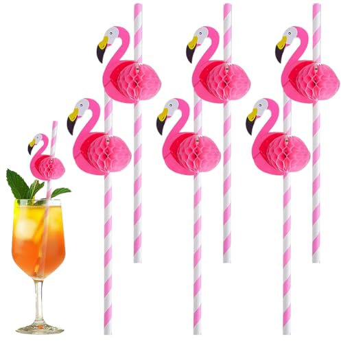 50 Stück Flamingo Cocktail Strohhalme, Lustige Hawaiianische Tropische Party Papier Strohhalme, Biologisch abbaubar, mit Flamingo Dekorationen, Sommerparty Getränkedekoration für kalte Getränke