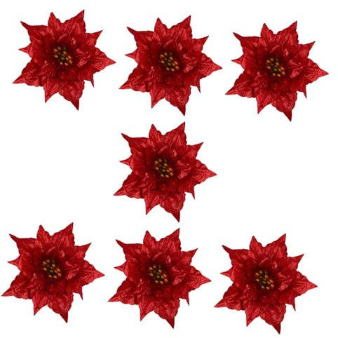HIAKDOFT Weihnachtsblumen Deko 7 Stück Künstliche Blüten Glitter Groß Rot Selbstgemacht Weihnachtsdekor Kranz Schmuck