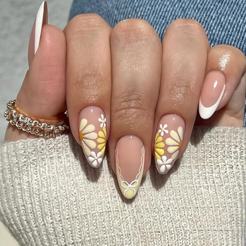 Auiremrti 24 pezzi unghie estive a pressione French Tip, mandorla medio, artificiali con design floreali giallo-bianco, finitura lucida, fiocco bianco