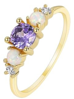 Ring Gold 585 Damen, Schmaler Damenring aus 9 Karat/14 Karat/18 Karat Gelbgold mit Amethyst und Opal, Größe 61 (19.4)