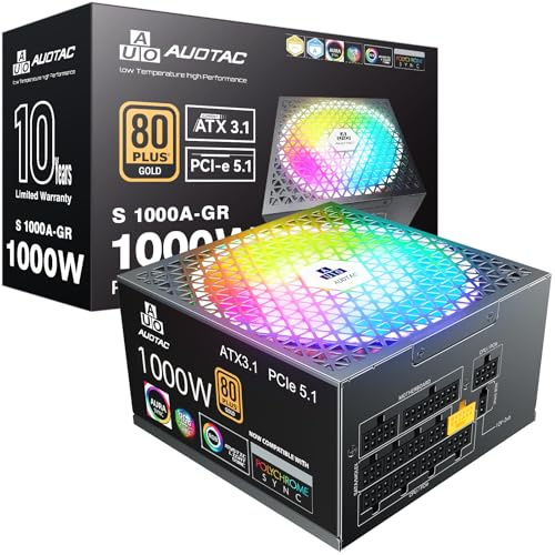 Auotac 1000W Fully Modular Power Supply, 80+ Gold PSU, ATX 3.1 & PCIe 5.1 Ready, Native Dual-Color 12V-2x6 Cable, RGB Low-Noise Smart Fan, 105°C-Rated Capacitors, Black