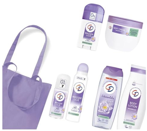 7tlg. Beauty-Set | 6 x CD Wasserlilie Deo Deoroller | Deostick | Duschgel Bodylotion + STUDIO.MUNET Shoulder Cotton Bag in Lila