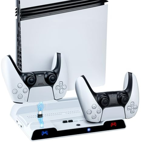 Wigearss Soporte Vertical para PS5/PS5 Slim/PS5 Pro con Ventiladores de Refrigeración, Estación de Carga para Dos Mandos, Ventilador de Enfriamiento con 3 Niveles Ajustables