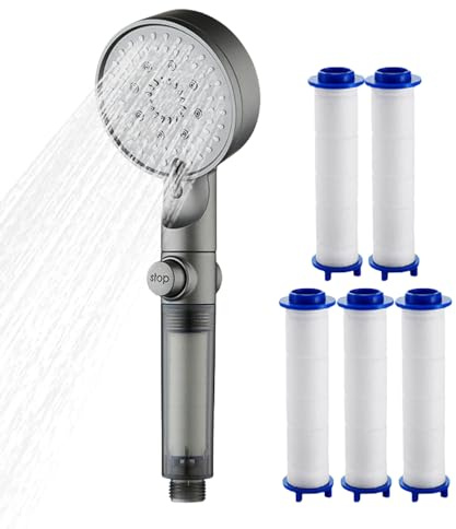 Pomme de douche, pulvérisateur de douche filtré à 5 modes, 27 x 9 cm, têtes haute pression réglables avec buses en silicone pour un nettoyage facile, maison, salle de sport, dortoir, camping-car